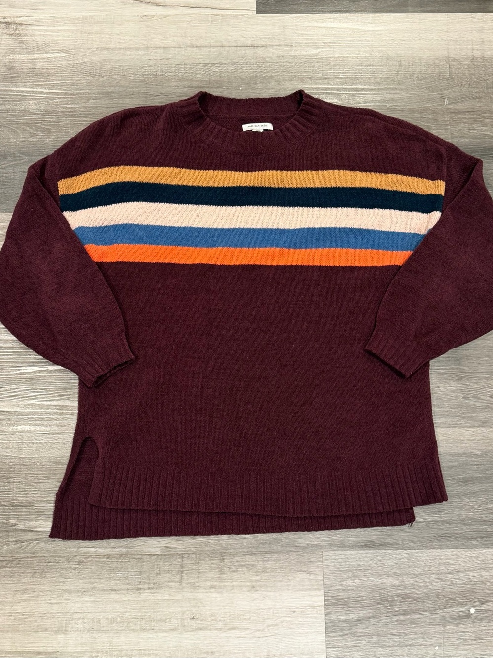 American Eagle Women Burgundy Chenille Striped Oversized Crewneck Sweater XS/S
